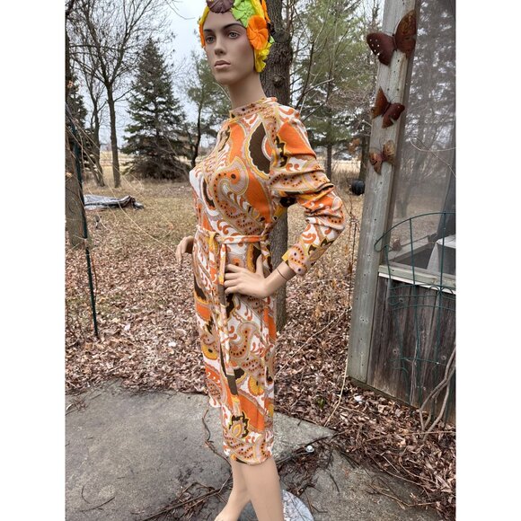 60s Groovy Print Knit Belted Shirt Dress 100% Virgin Wool Long Sleeve Orange Yel - Picture 9 of 16